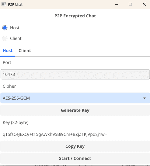 Included NetP2P Chat encrypted host setup screen